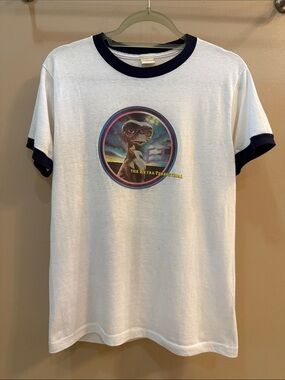 Vintage 1982 Universal Studios E.T. Graphic Ringer Tee - White with Navy Trim